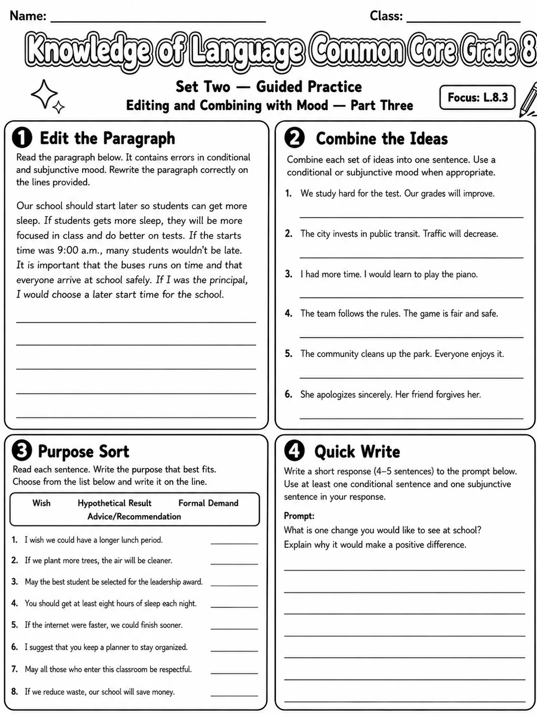 Knowledge of Language Common Core Grade 8 page 6 printable Common Core ELA worksheet preview