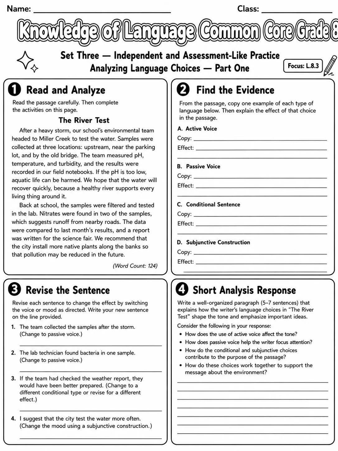 Knowledge of Language Common Core Grade 8 page 7 printable Common Core ELA worksheet preview