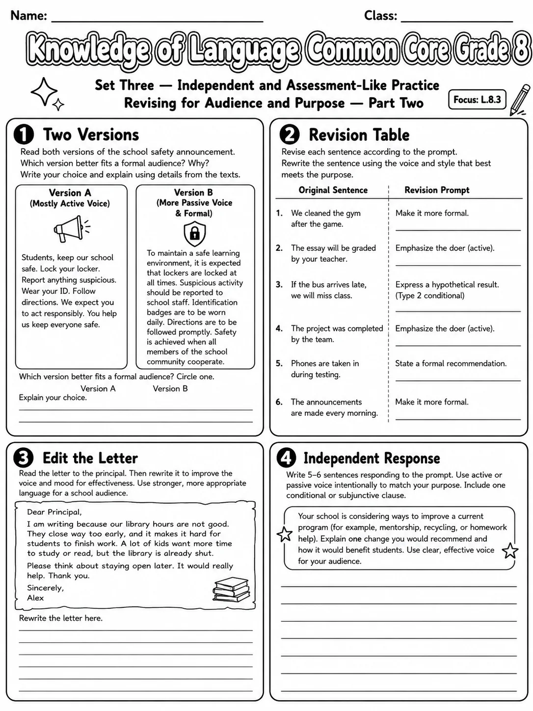 Knowledge of Language Common Core Grade 8 page 8 printable Common Core ELA worksheet preview