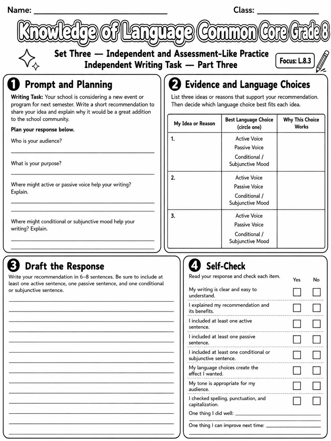 Knowledge of Language Common Core Grade 8 page 9 printable Common Core ELA worksheet preview