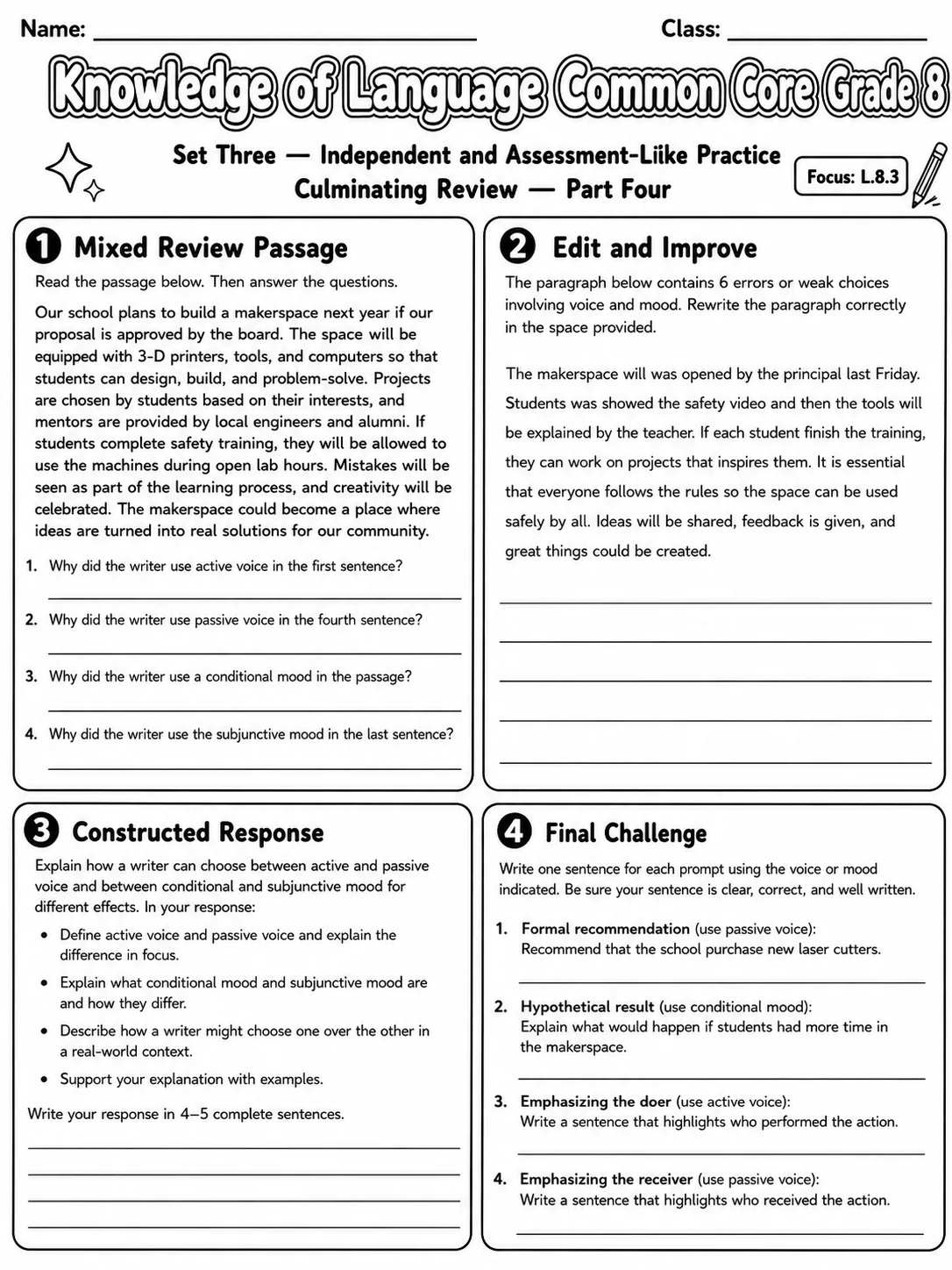 Knowledge of Language Common Core Grade 8 page 10 printable Common Core ELA worksheet preview