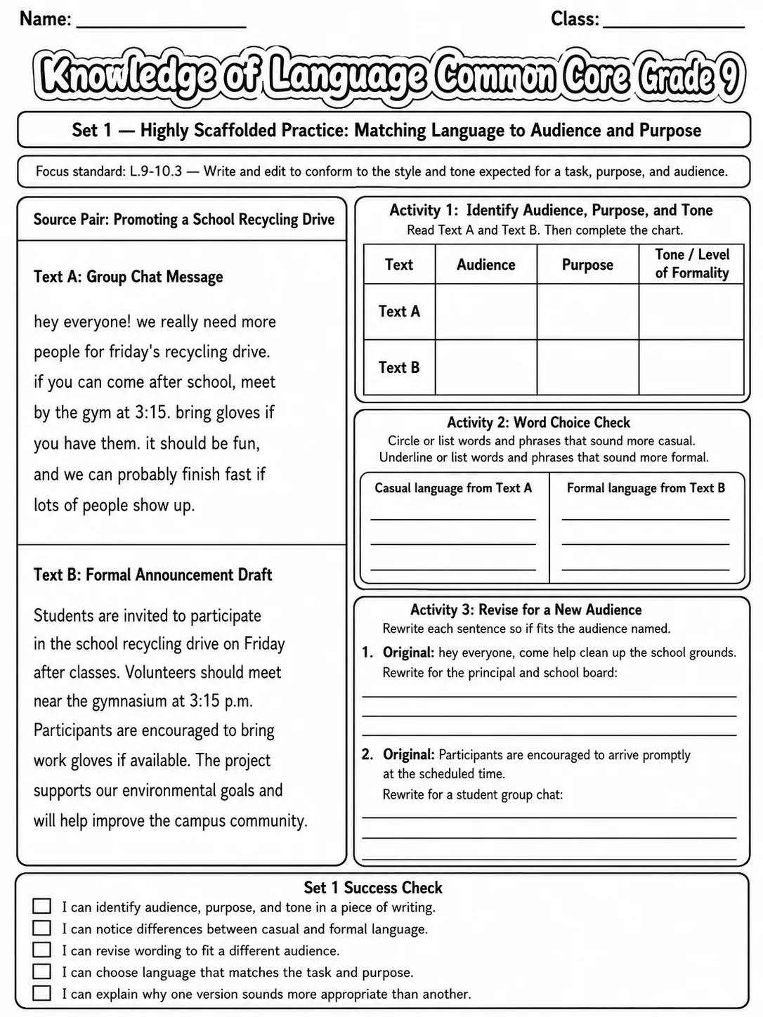 Knowledge of Language Common Core Grade 9