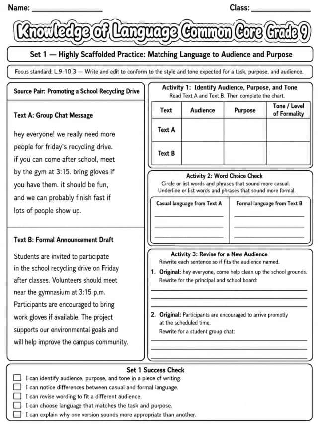 Knowledge of Language Common Core Grade 9