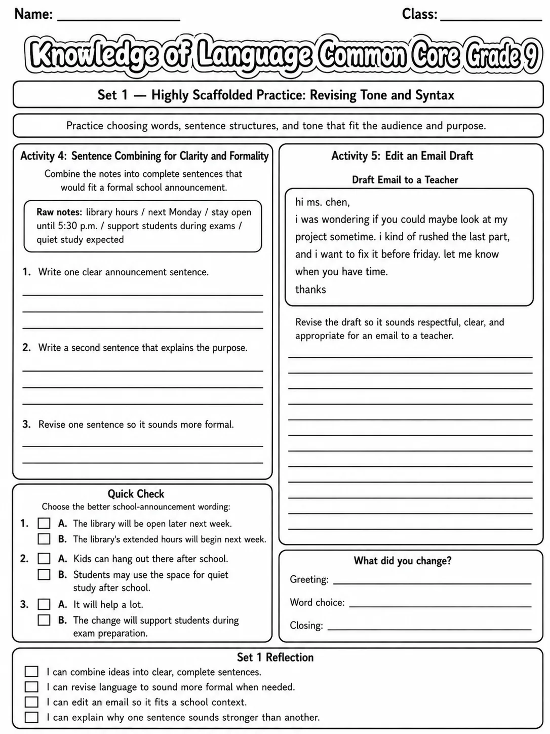 Knowledge of Language Common Core Grade 9 page 2 printable Common Core ELA worksheet preview