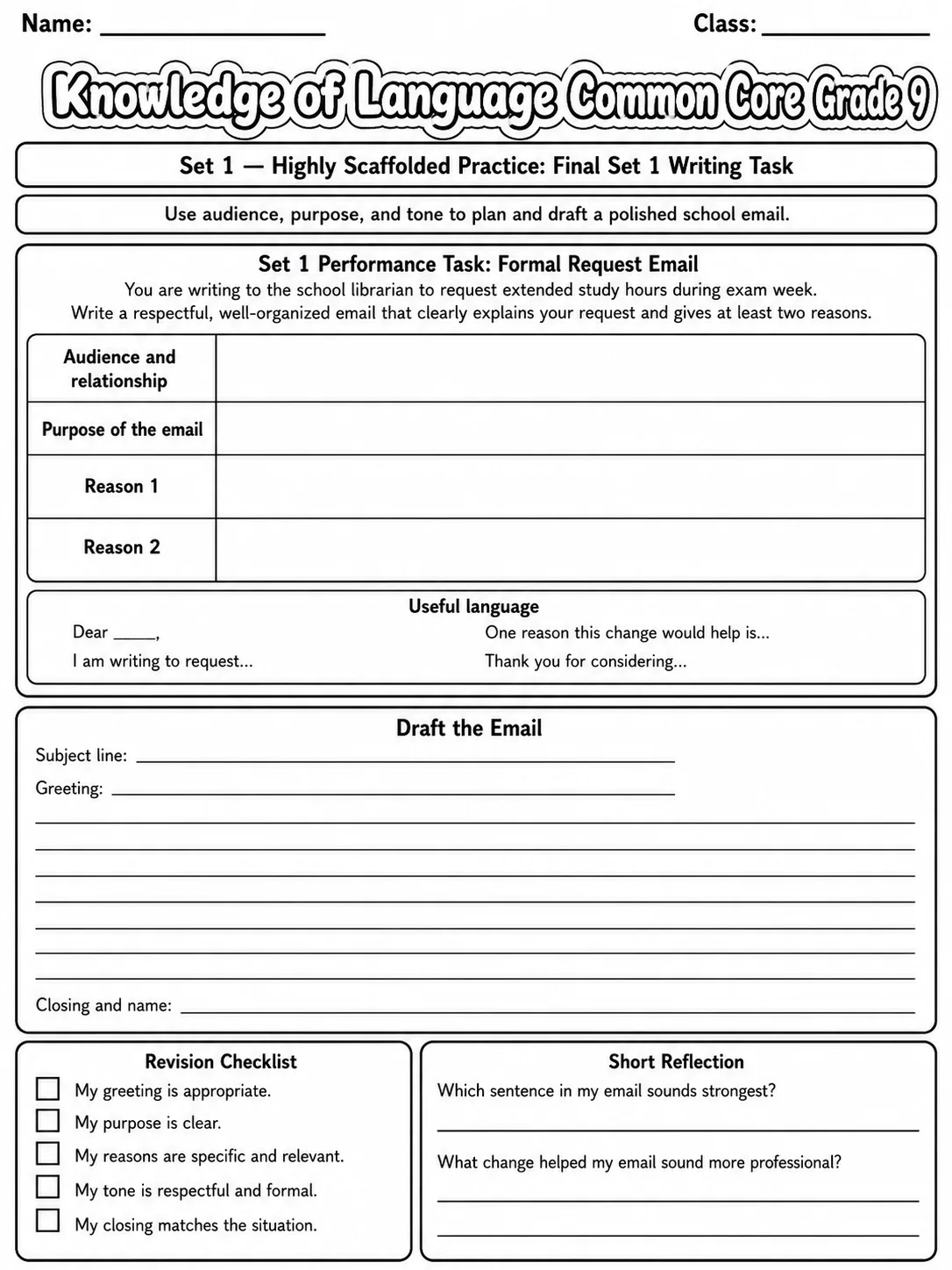 Knowledge of Language Common Core Grade 9 page 3 printable Common Core ELA worksheet preview