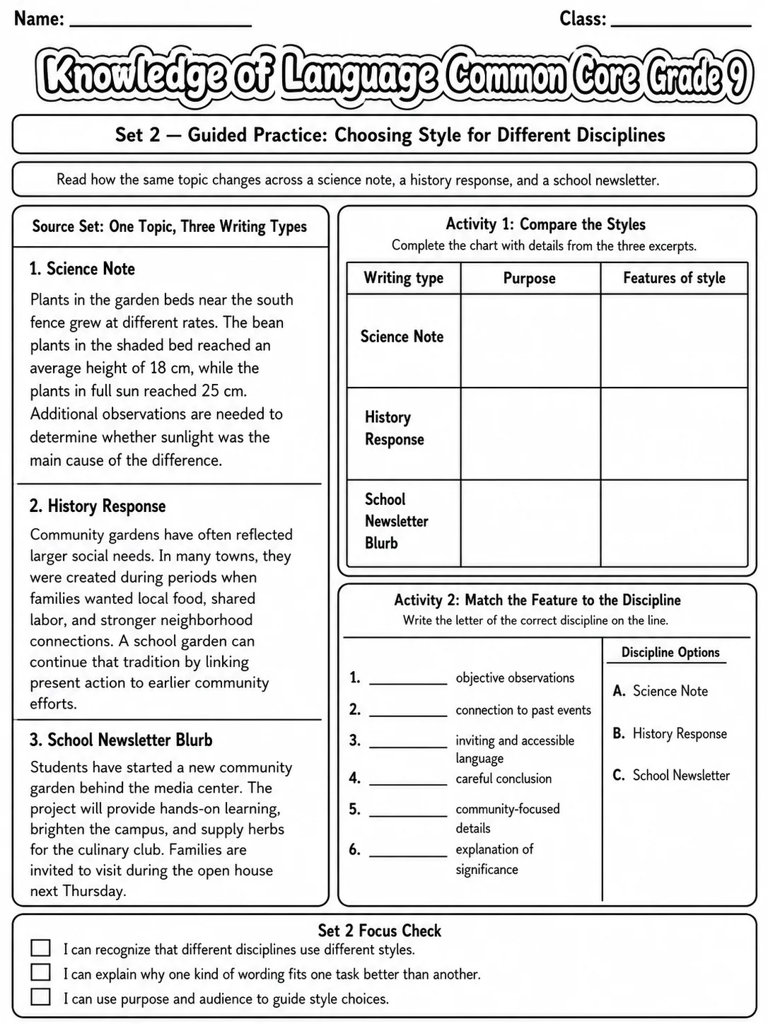 Knowledge of Language Common Core Grade 9 page 4 printable Common Core ELA worksheet preview