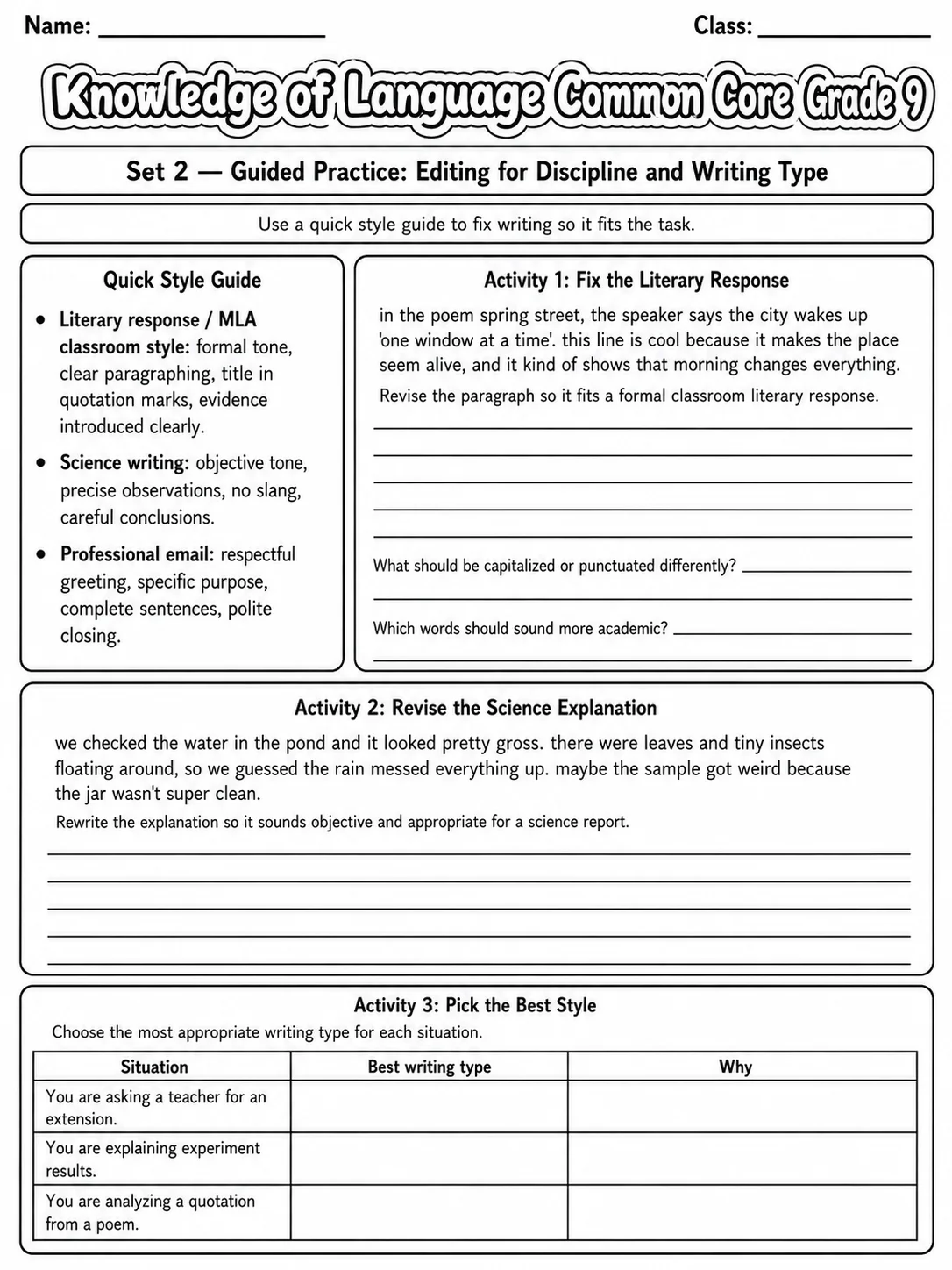 Knowledge of Language Common Core Grade 9 page 5 printable Common Core ELA worksheet preview