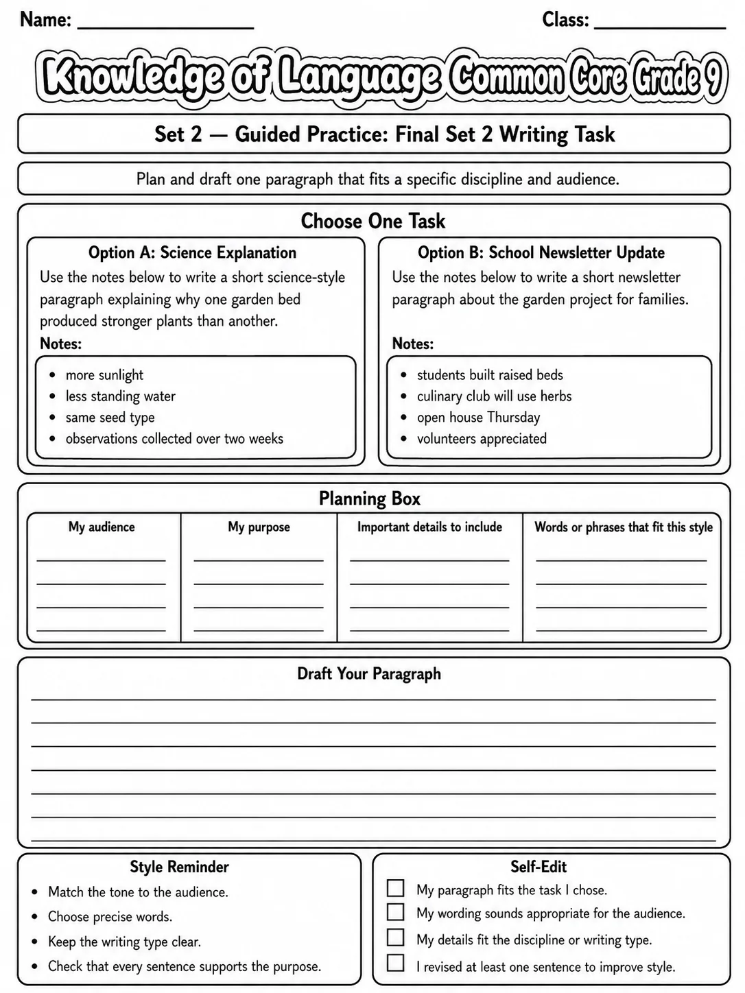 Knowledge of Language Common Core Grade 9 page 6 printable Common Core ELA worksheet preview