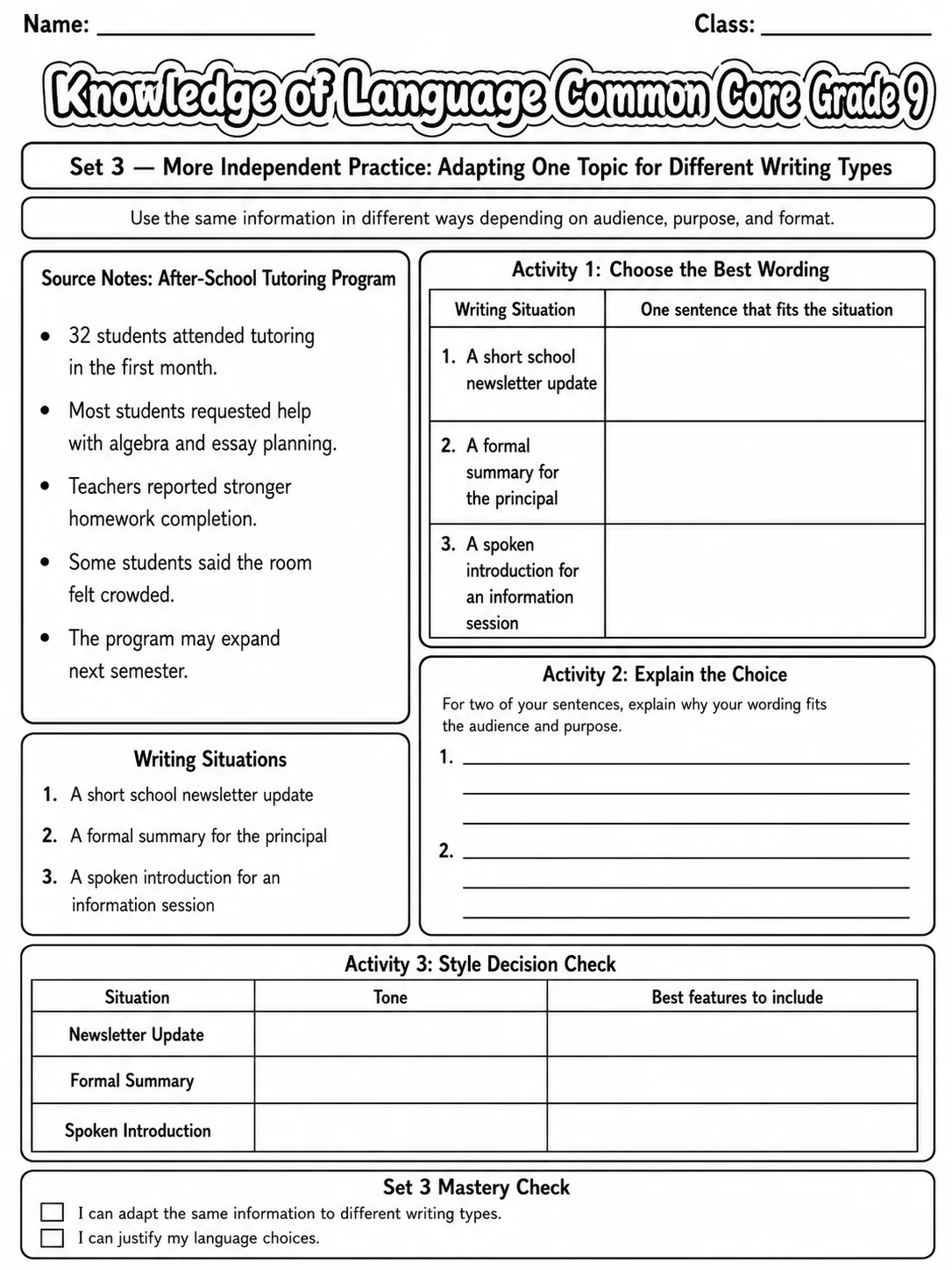 Knowledge of Language Common Core Grade 9 page 7 printable Common Core ELA worksheet preview