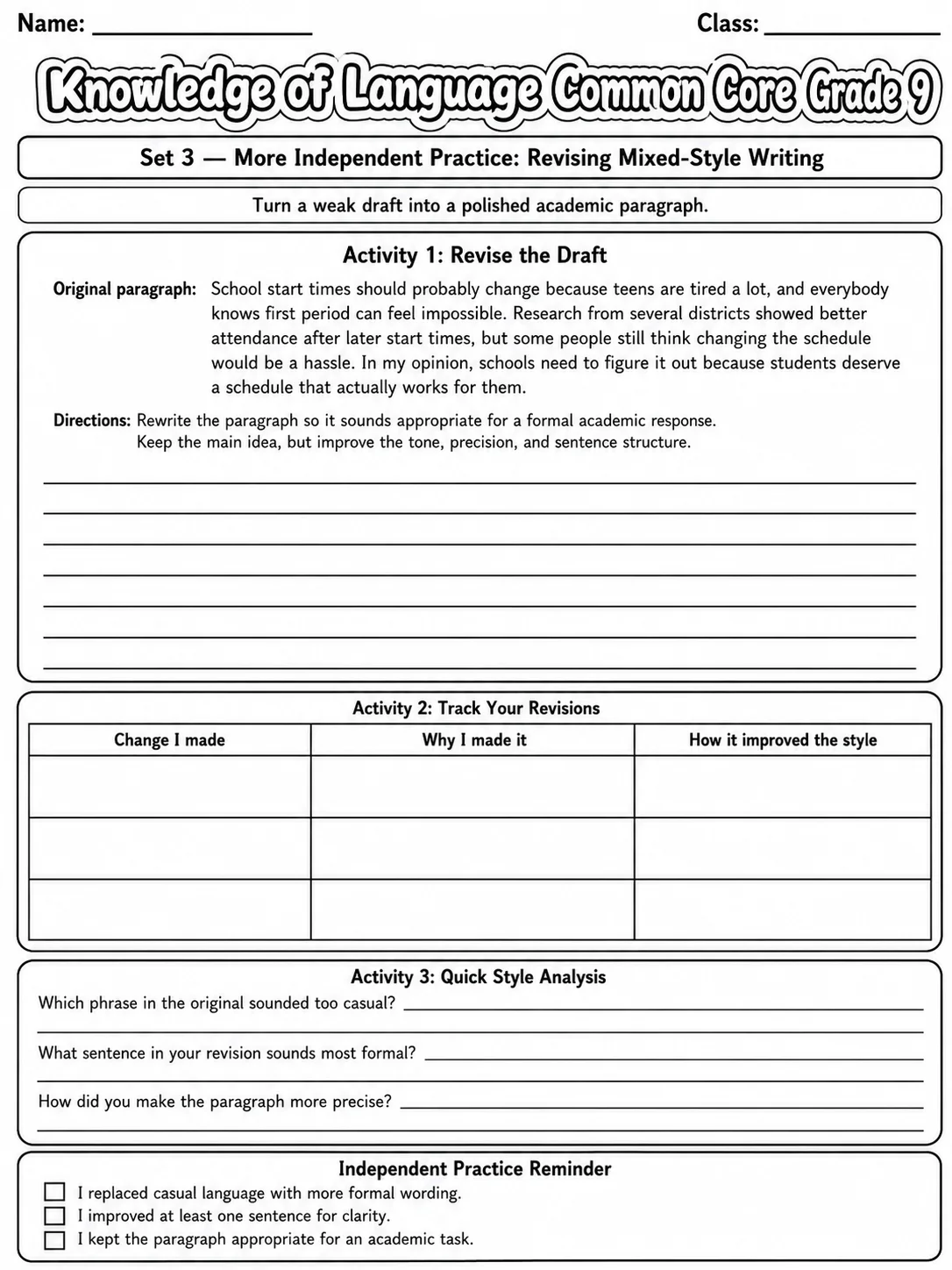 Knowledge of Language Common Core Grade 9 page 8 printable Common Core ELA worksheet preview