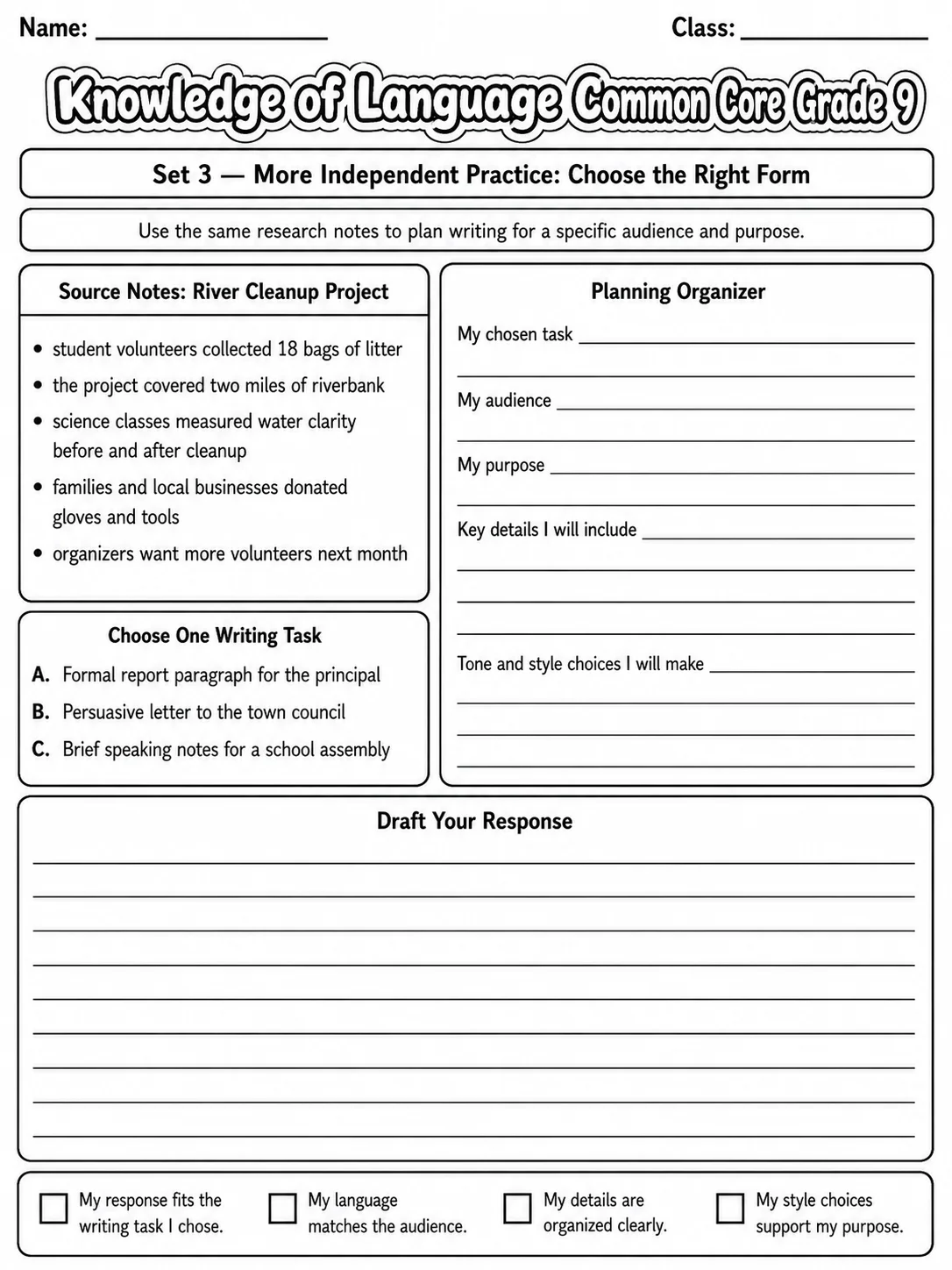Knowledge of Language Common Core Grade 9 page 9 printable Common Core ELA worksheet preview