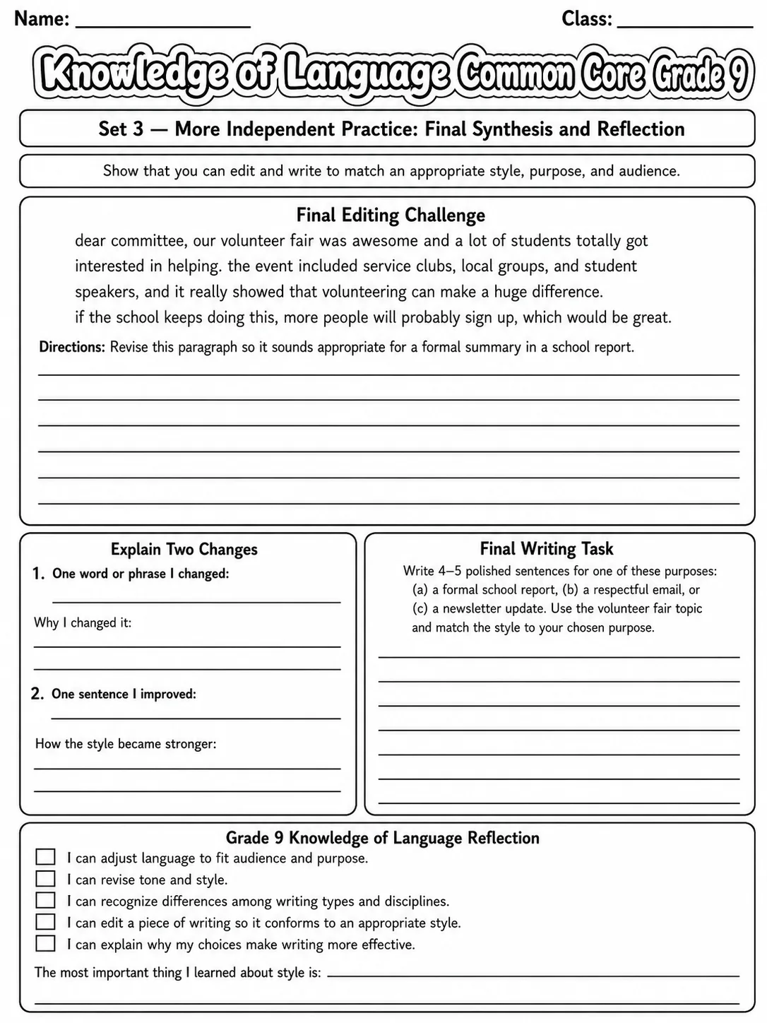 Knowledge of Language Common Core Grade 9 page 10 printable Common Core ELA worksheet preview