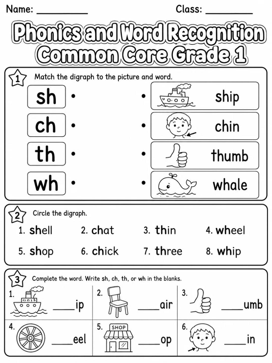 Phonics and Word Recognition Common Core Grade 1 printable Common Core ELA Grade 1 worksheet preview from KiwiBee