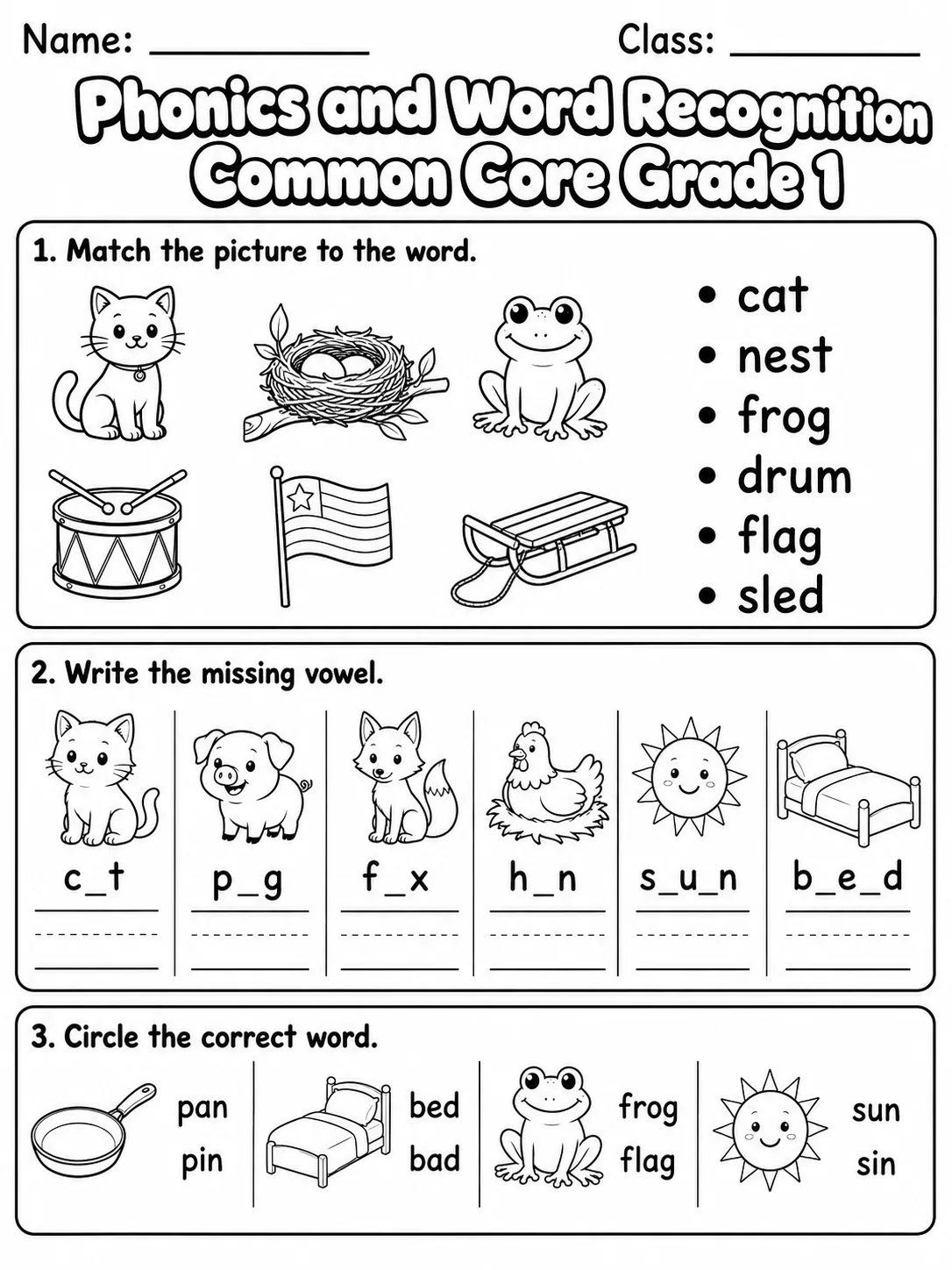 Phonics and Word Recognition Common Core Grade 1 page 2 printable Common Core ELA worksheet preview