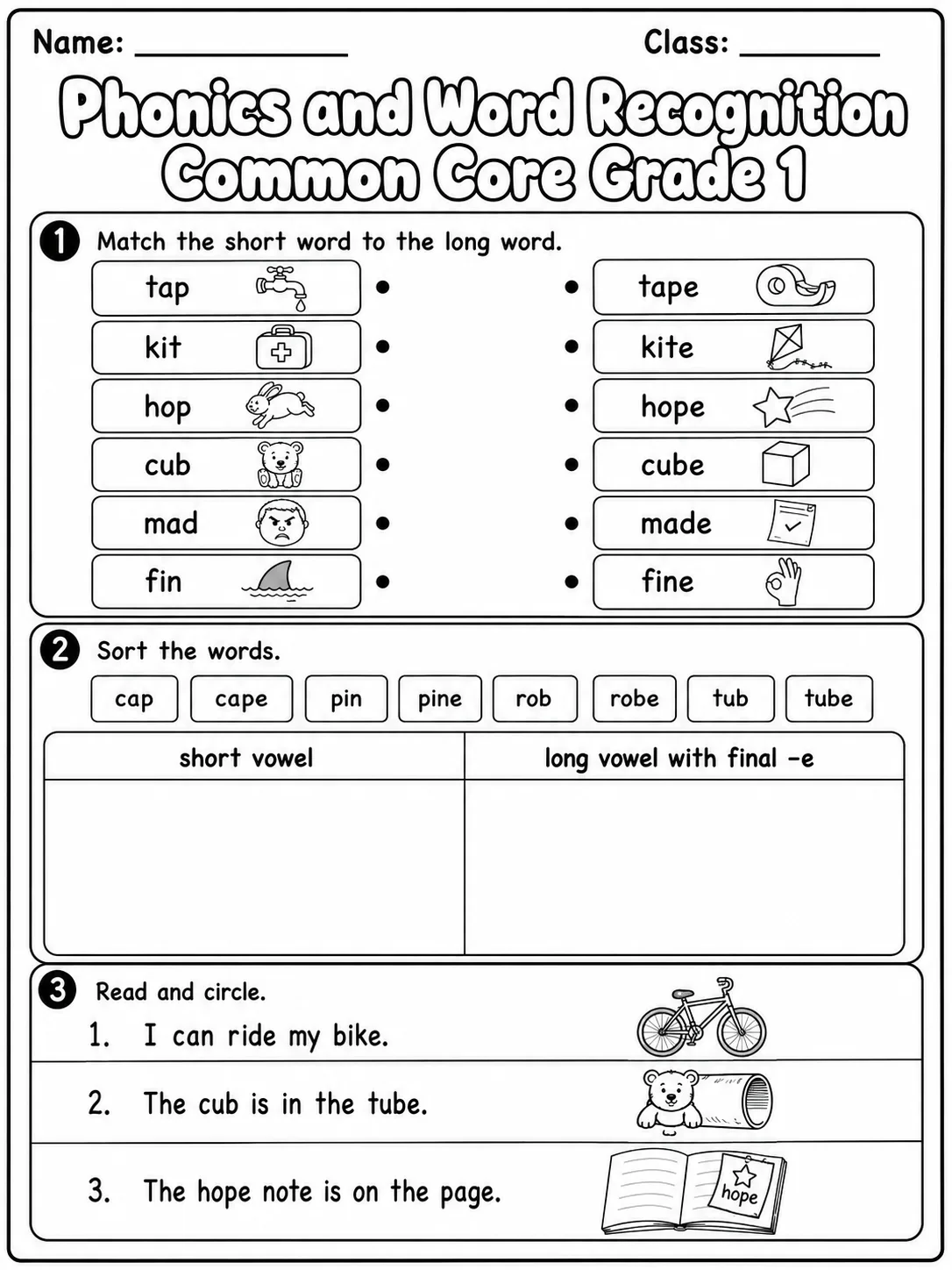 Phonics and Word Recognition Common Core Grade 1 page 3 printable Common Core ELA worksheet preview