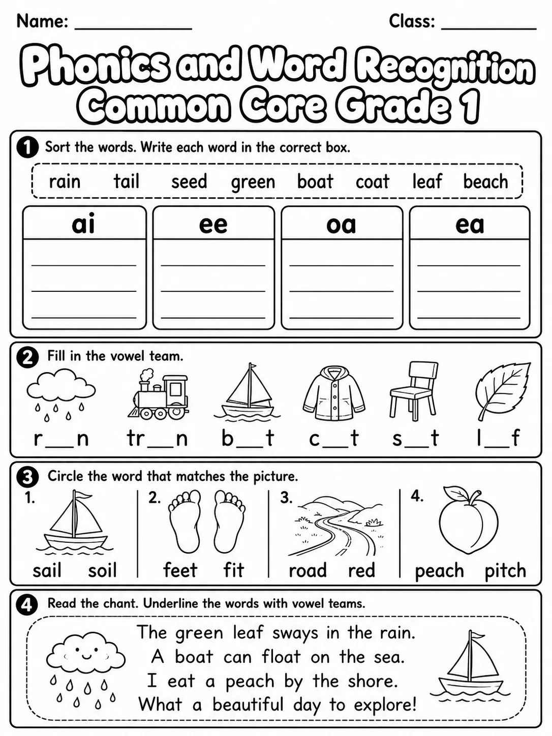Phonics and Word Recognition Common Core Grade 1 page 4 printable Common Core ELA worksheet preview