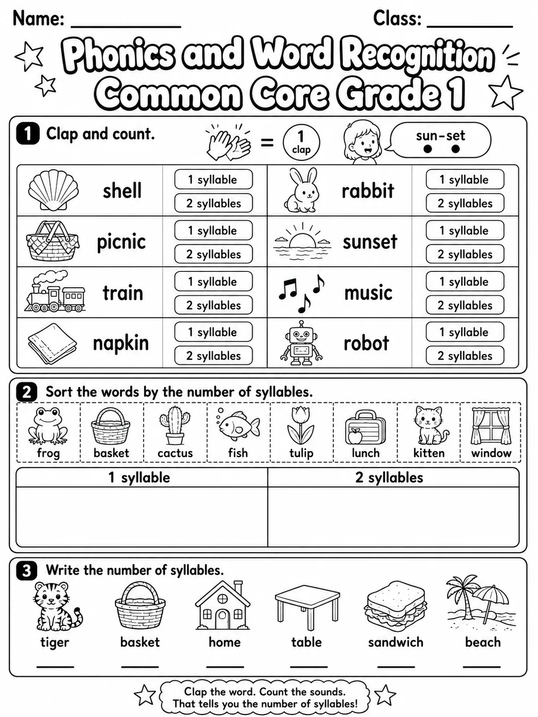 Phonics and Word Recognition Common Core Grade 1 page 5 printable Common Core ELA worksheet preview