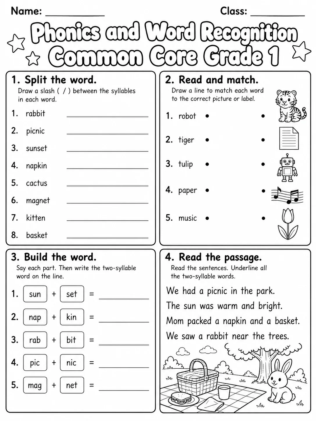 Phonics and Word Recognition Common Core Grade 1 page 6 printable Common Core ELA worksheet preview