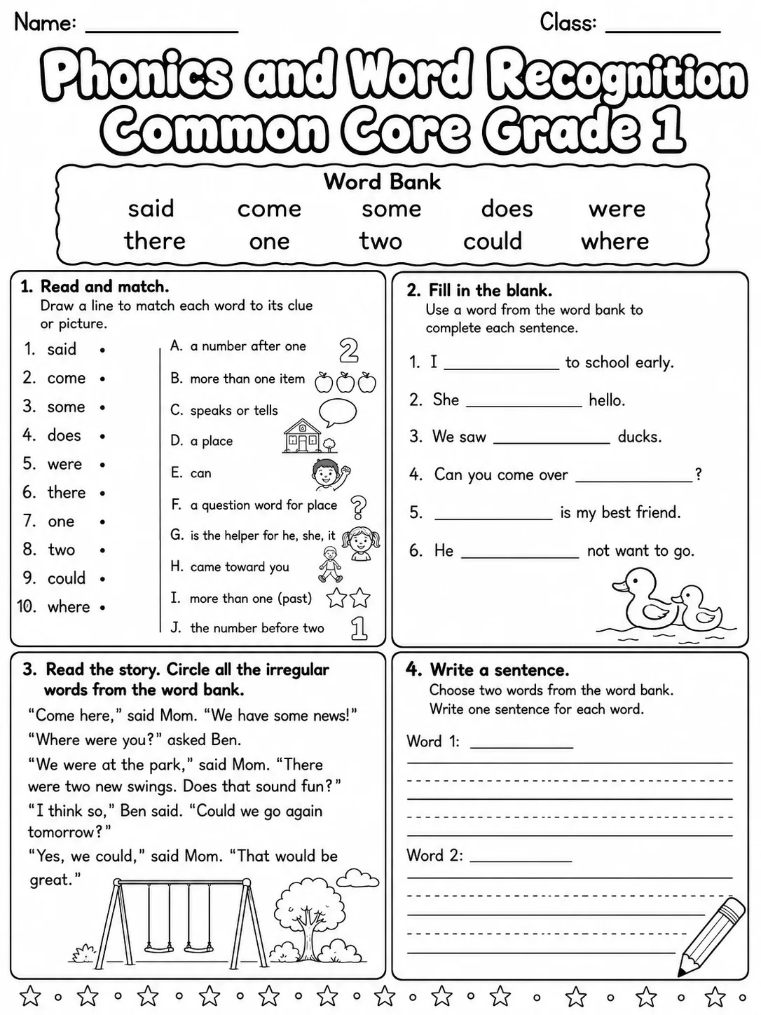 Phonics and Word Recognition Common Core Grade 1 page 8 printable Common Core ELA worksheet preview