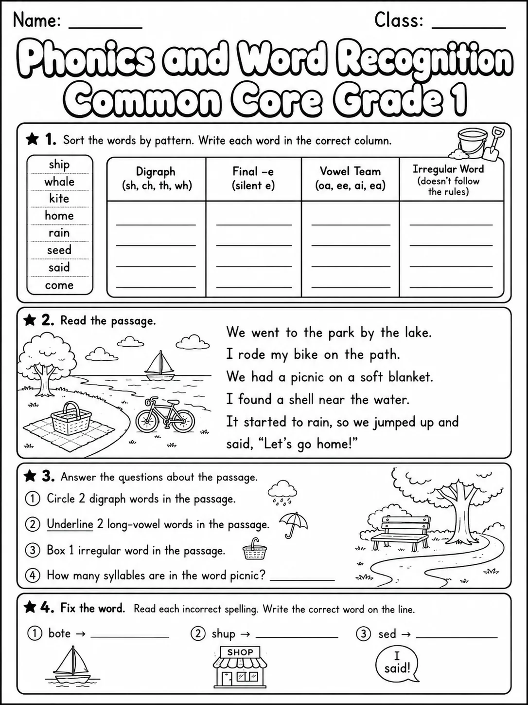 Phonics and Word Recognition Common Core Grade 1 page 9 printable Common Core ELA worksheet preview