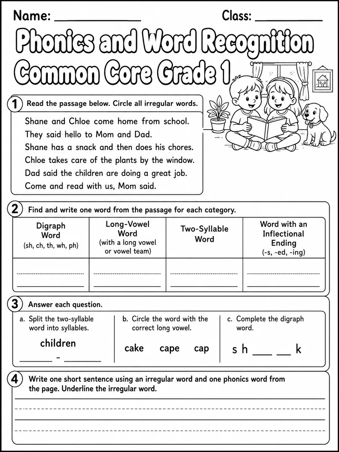 Phonics and Word Recognition Common Core Grade 1 page 10 printable Common Core ELA worksheet preview