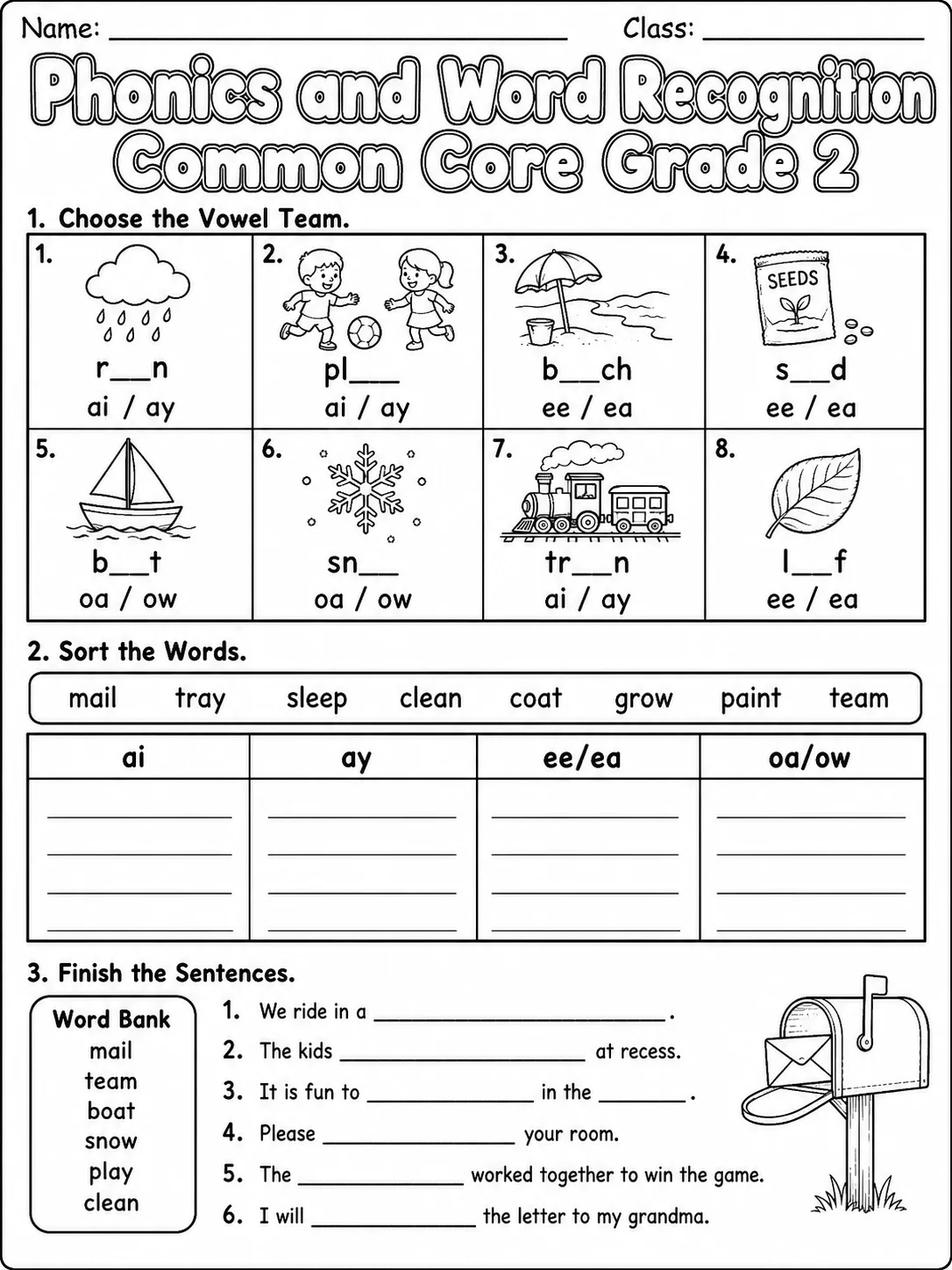 Phonics and Word Recognition Common Core Grade 2 page 2 printable Common Core ELA worksheet preview