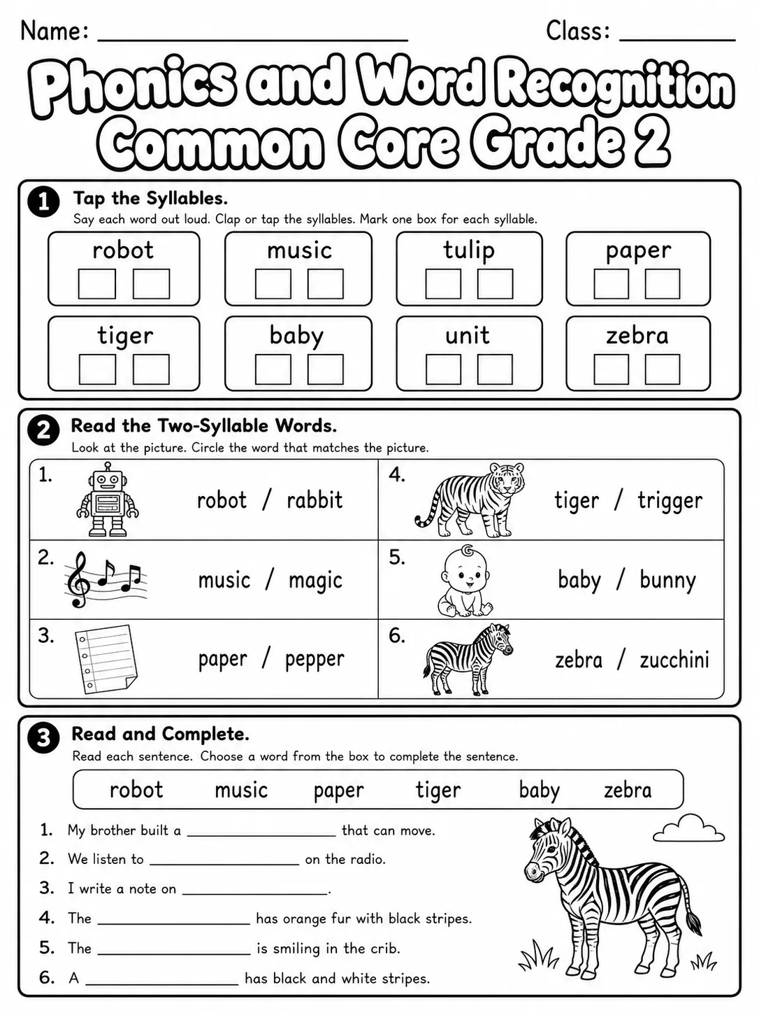 Phonics and Word Recognition Common Core Grade 2 page 3 printable Common Core ELA worksheet preview