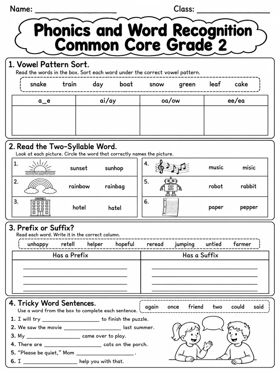 Phonics and Word Recognition Common Core Grade 2 page 6 printable Common Core ELA worksheet preview
