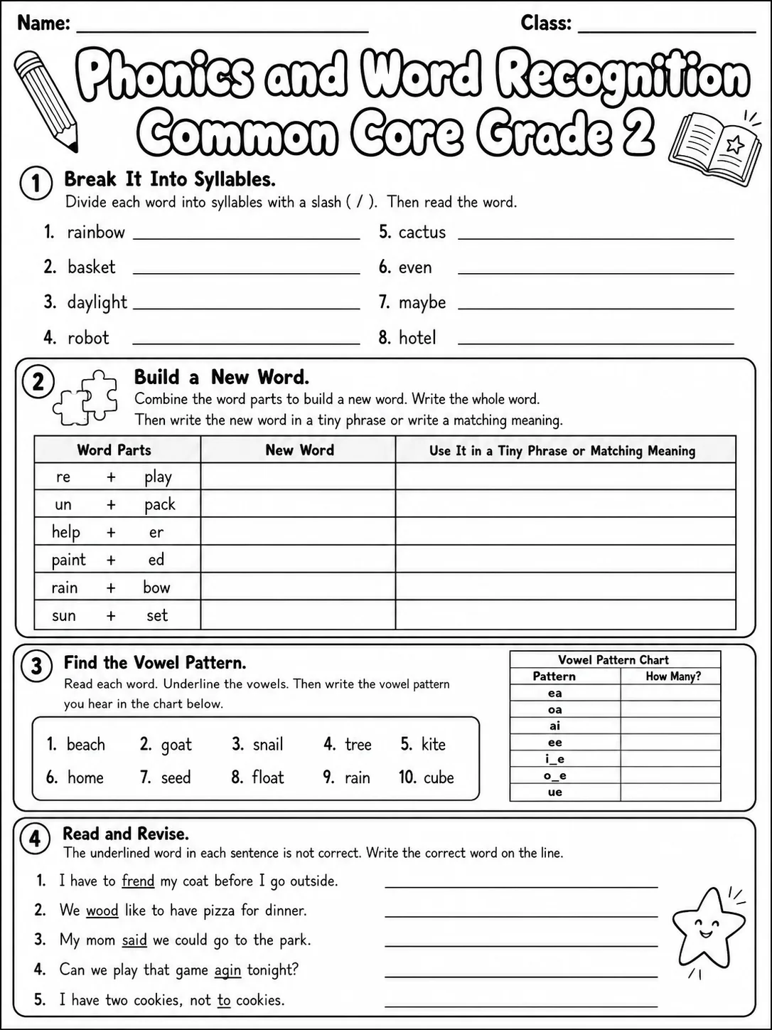 Phonics and Word Recognition Common Core Grade 2 page 7 printable Common Core ELA worksheet preview