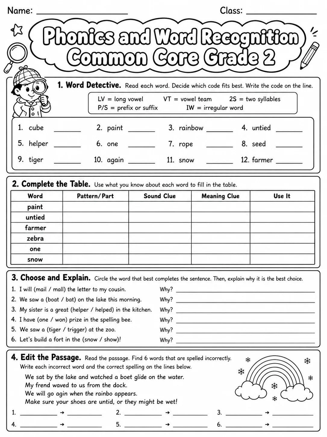 Phonics and Word Recognition Common Core Grade 2 page 9 printable Common Core ELA worksheet preview