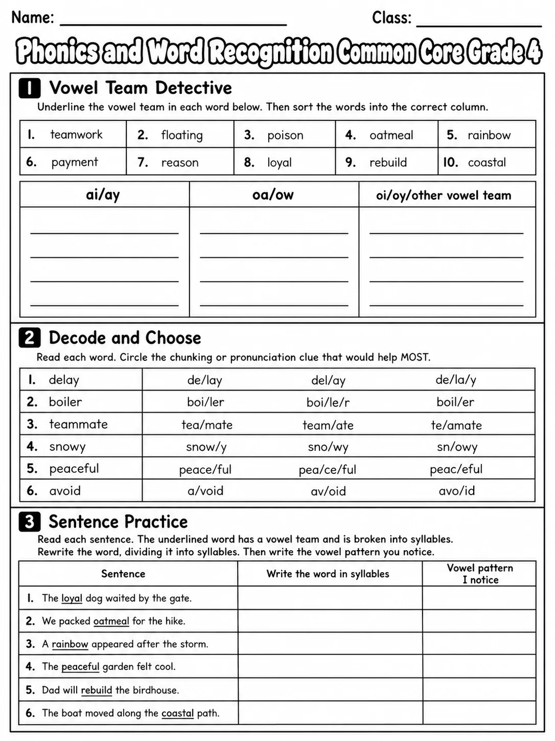Phonics and Word Recognition Common Core Grade 4 page 2 printable Common Core ELA worksheet preview