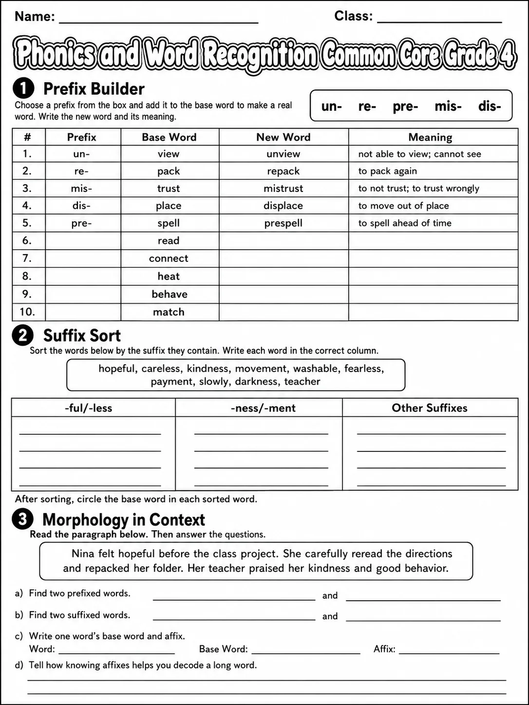 Phonics and Word Recognition Common Core Grade 4 page 3 printable Common Core ELA worksheet preview
