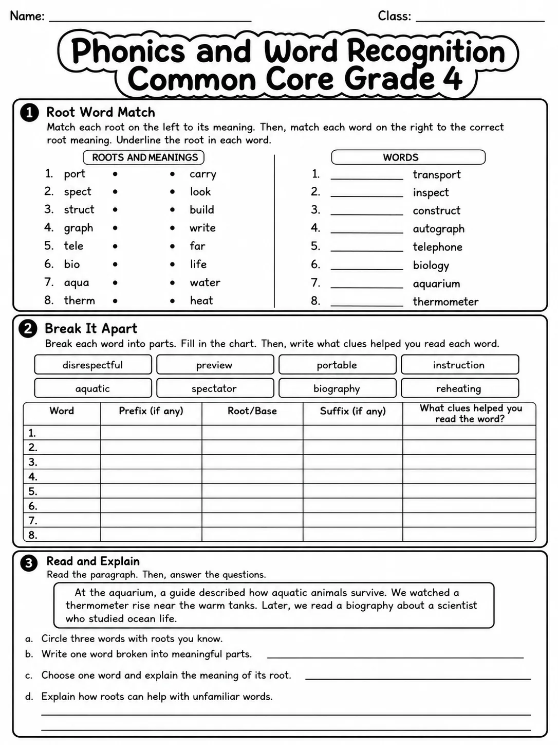 Phonics and Word Recognition Common Core Grade 4 page 4 printable Common Core ELA worksheet preview