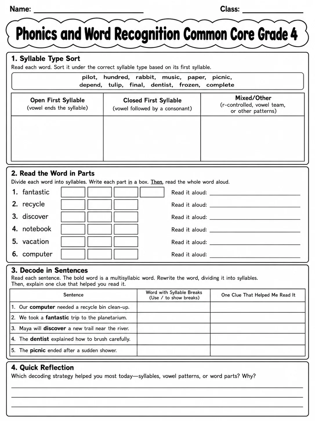 Phonics and Word Recognition Common Core Grade 4 page 5 printable Common Core ELA worksheet preview