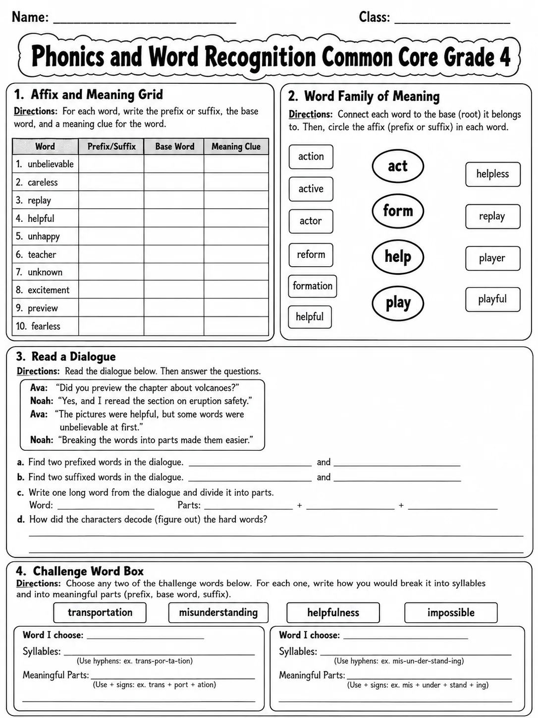 Phonics and Word Recognition Common Core Grade 4 page 6 printable Common Core ELA worksheet preview
