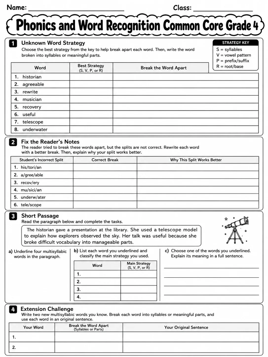 Phonics and Word Recognition Common Core Grade 4 page 7 printable Common Core ELA worksheet preview