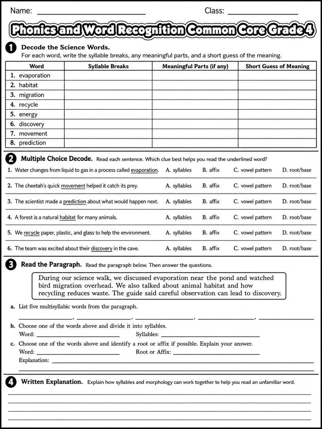 Phonics and Word Recognition Common Core Grade 4 page 8 printable Common Core ELA worksheet preview