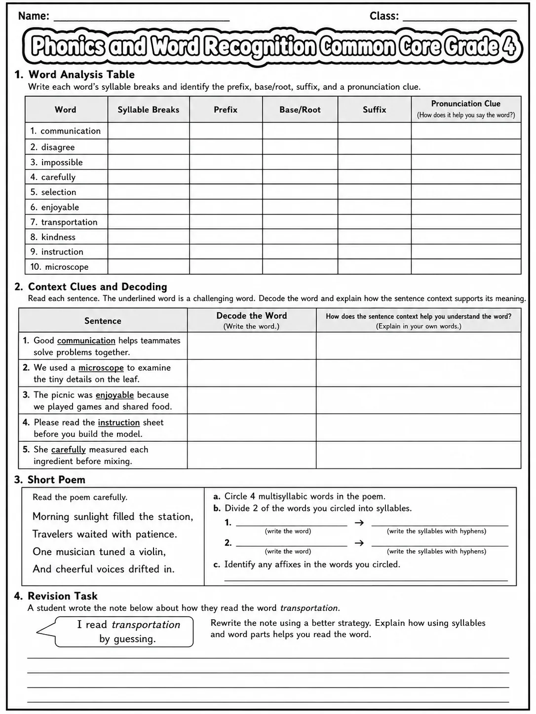 Phonics and Word Recognition Common Core Grade 4 page 9 printable Common Core ELA worksheet preview