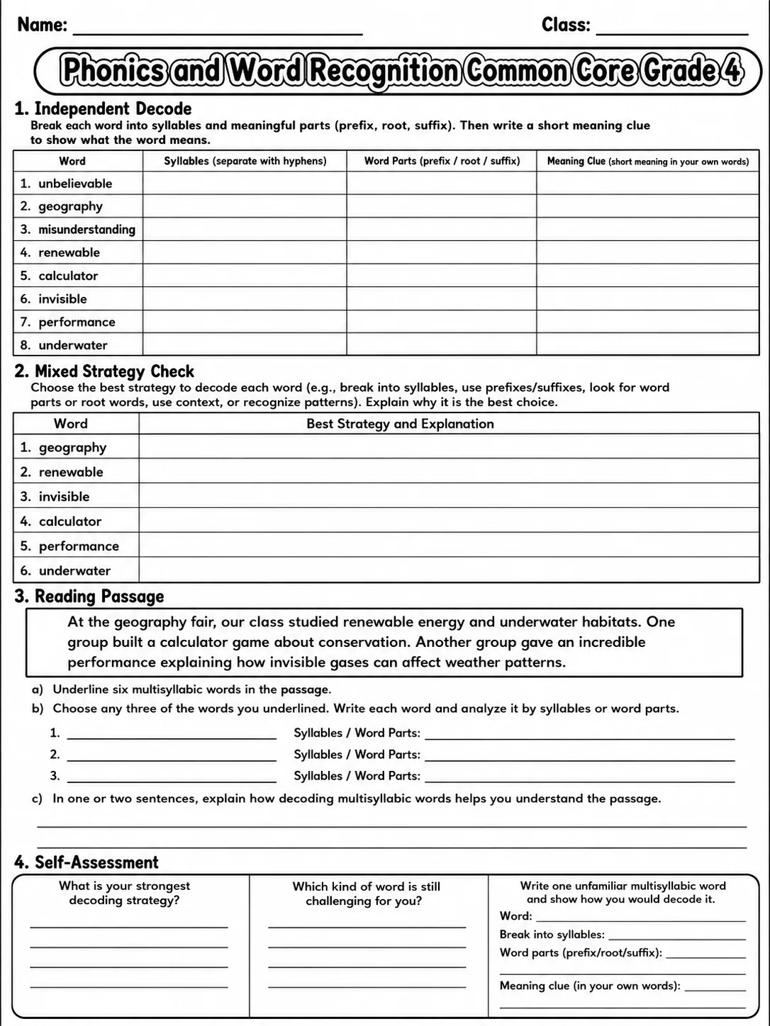 Phonics and Word Recognition Common Core Grade 4 page 10 printable Common Core ELA worksheet preview