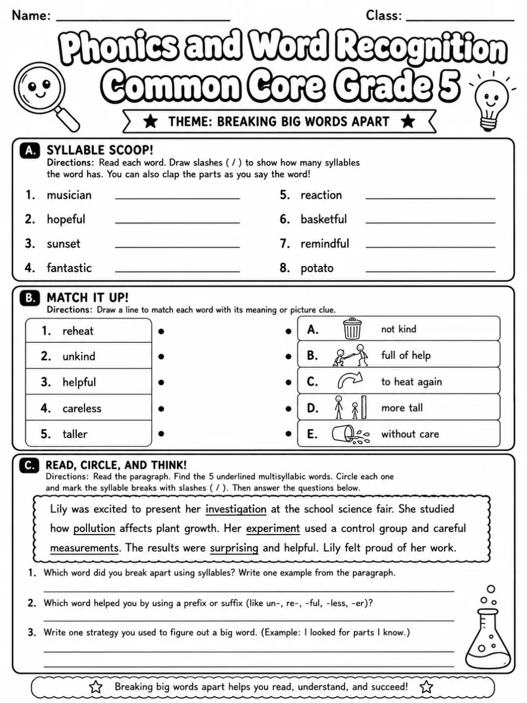 Phonics and Word Recognition Common Core Grade 5 printable Common Core ELA Grade 5 worksheet preview from KiwiBee