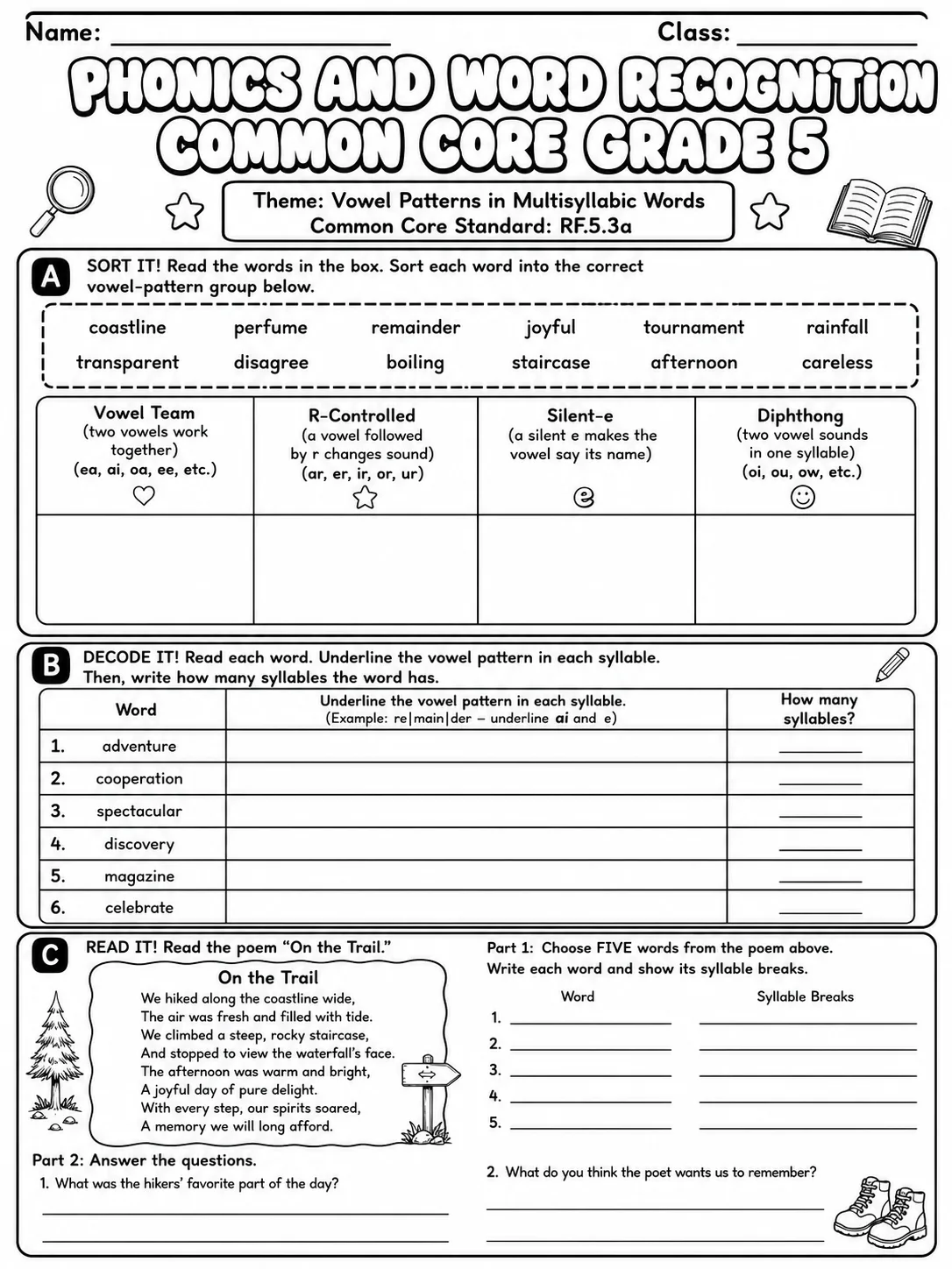 Phonics and Word Recognition Common Core Grade 5 page 2 printable Common Core ELA worksheet preview