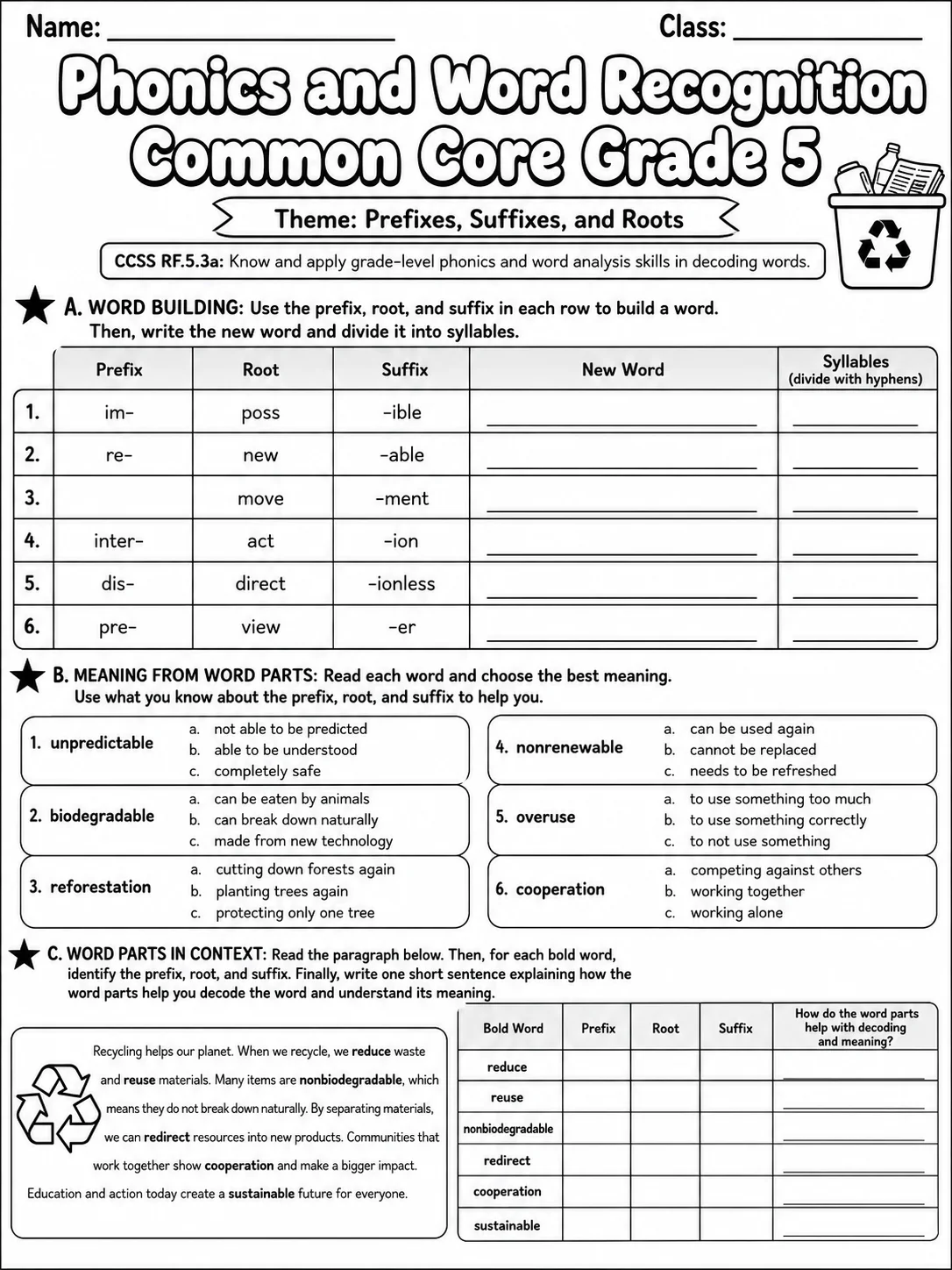 Phonics and Word Recognition Common Core Grade 5 page 3 printable Common Core ELA worksheet preview