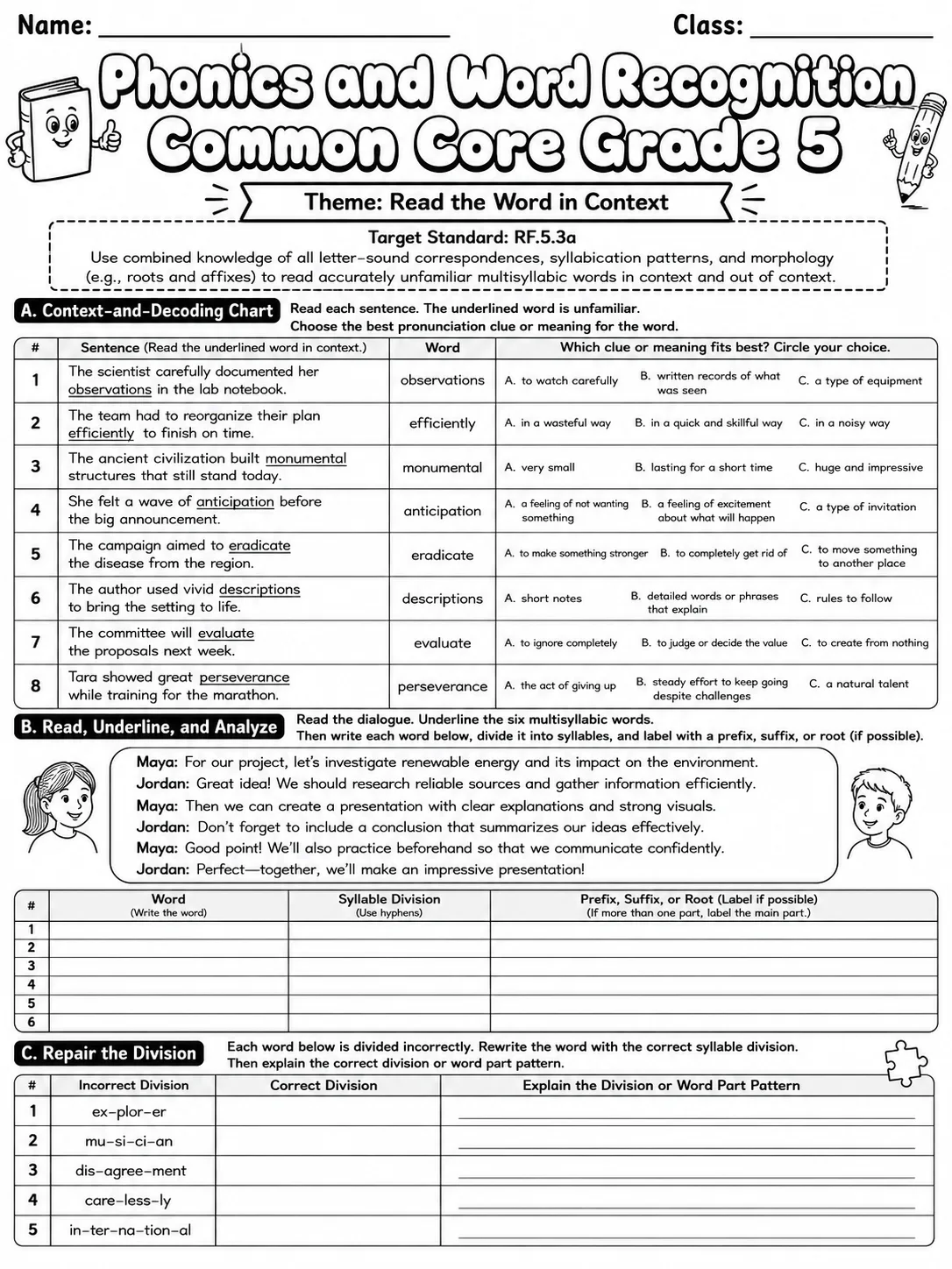 Phonics and Word Recognition Common Core Grade 5 page 4 printable Common Core ELA worksheet preview