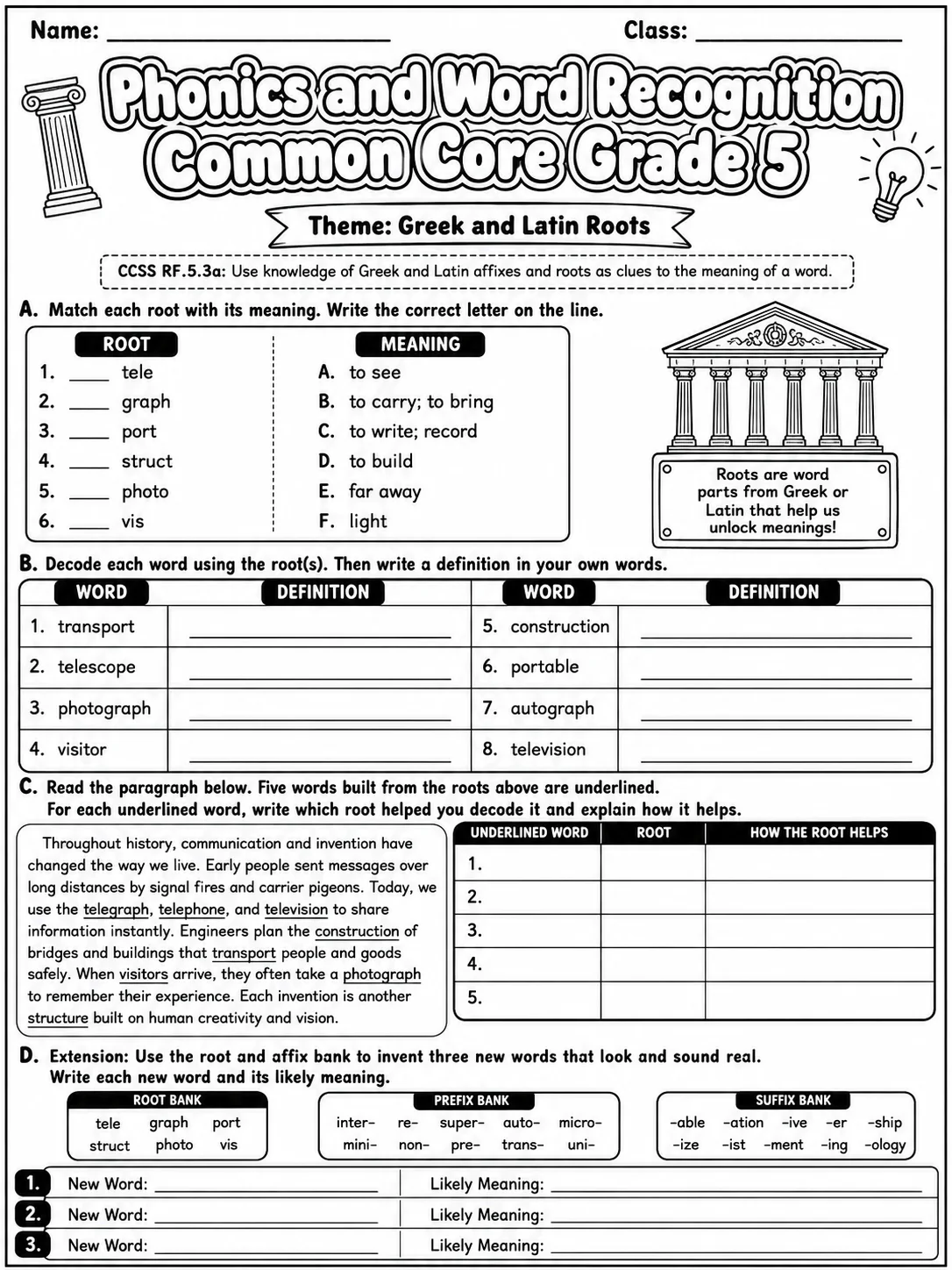 Phonics and Word Recognition Common Core Grade 5 page 5 printable Common Core ELA worksheet preview