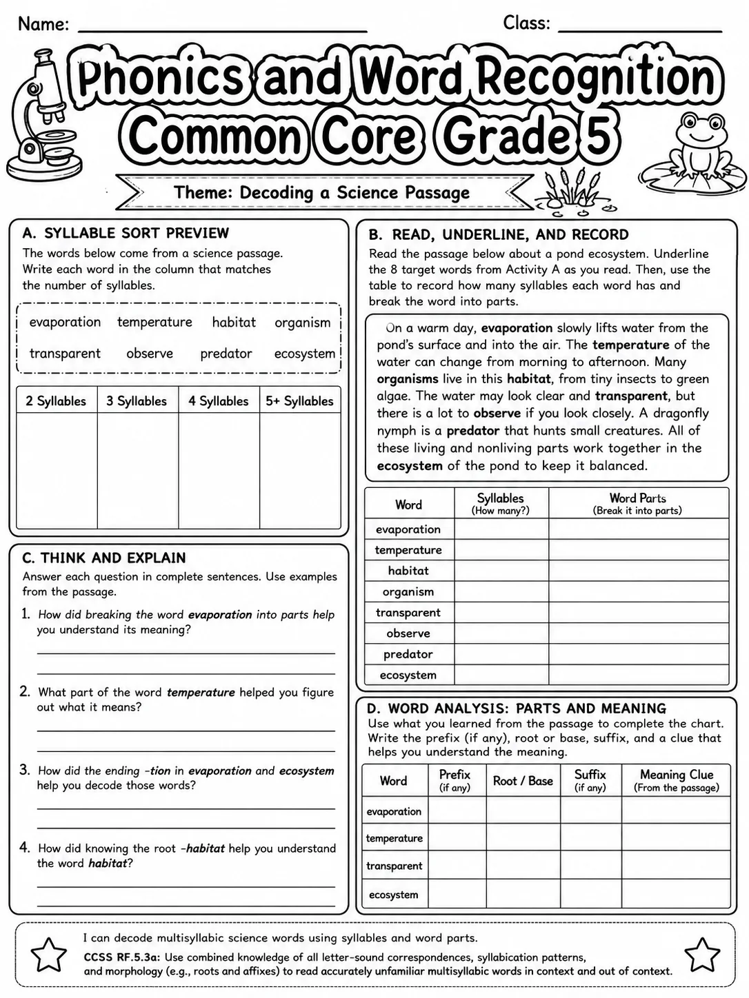 Phonics and Word Recognition Common Core Grade 5 page 6 printable Common Core ELA worksheet preview