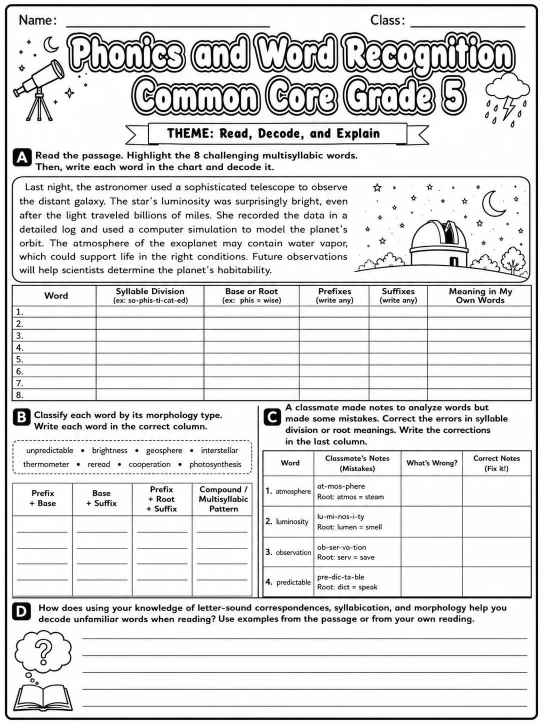 Phonics and Word Recognition Common Core Grade 5 page 8 printable Common Core ELA worksheet preview