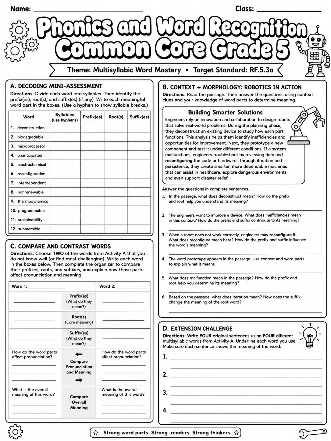 Phonics and Word Recognition Common Core Grade 5 page 9 printable Common Core ELA worksheet preview