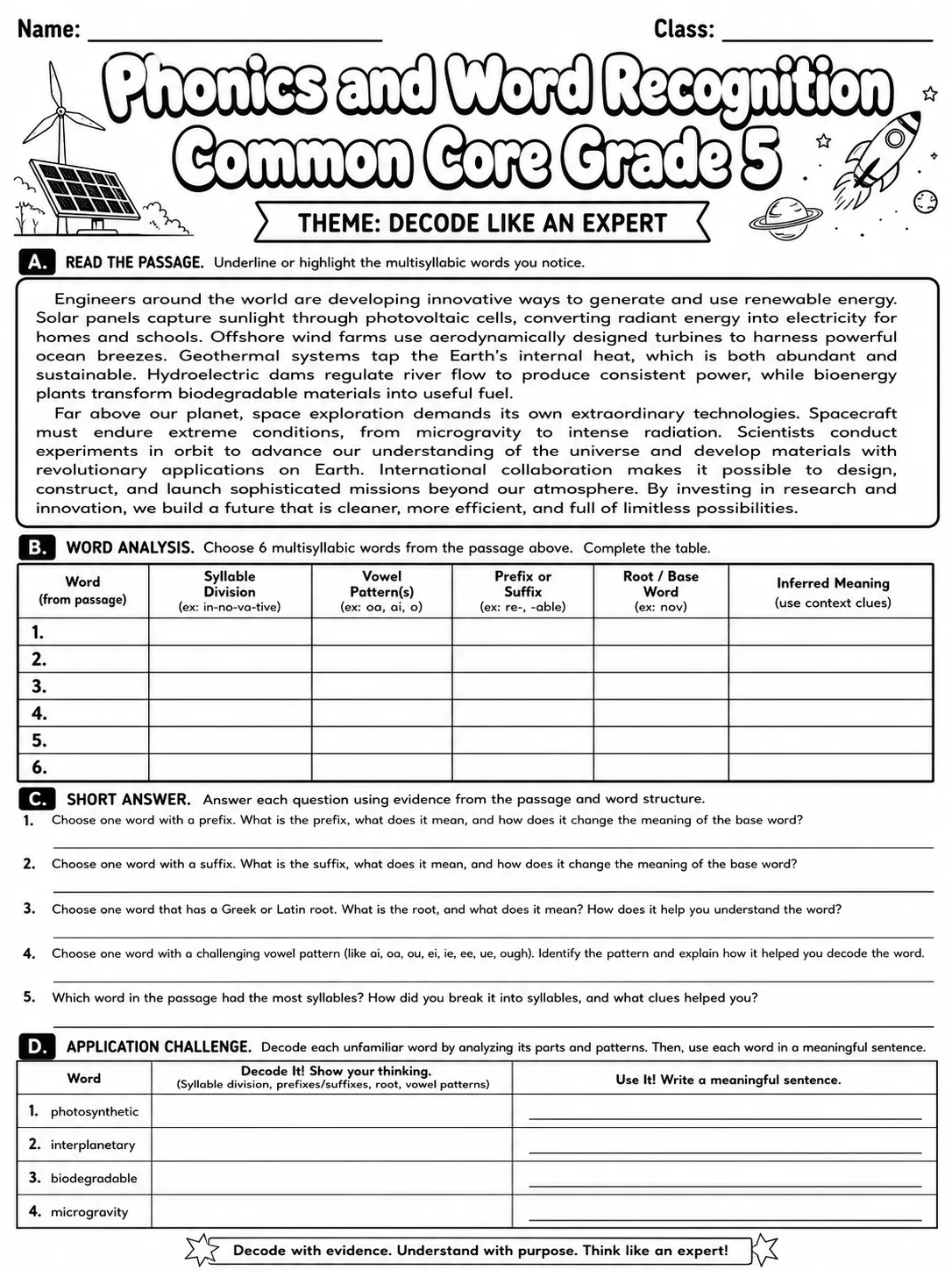 Phonics and Word Recognition Common Core Grade 5 page 10 printable Common Core ELA worksheet preview
