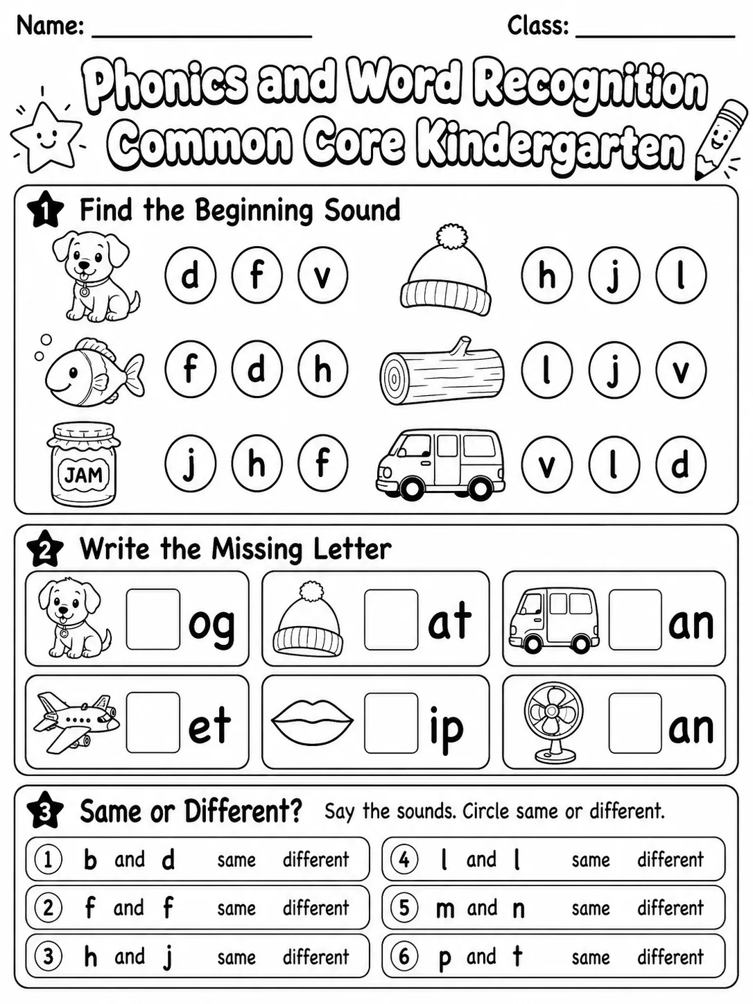 Phonics and Word Recognition Common Core Kindergarten page 2 printable Common Core ELA worksheet preview