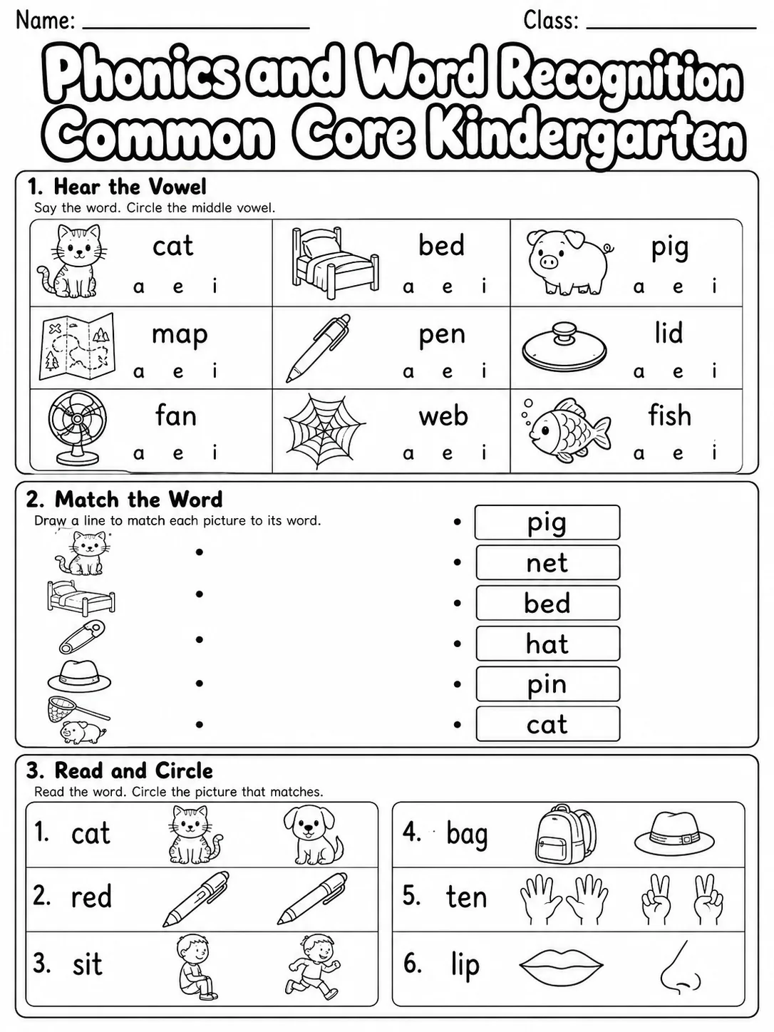 Phonics and Word Recognition Common Core Kindergarten page 3 printable Common Core ELA worksheet preview